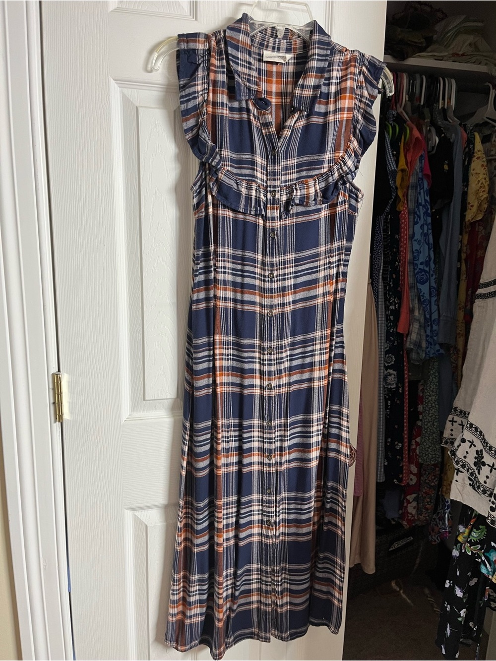 Universal Thread Navy and Rust Plaid Ruffle-Trim Maxi dress
